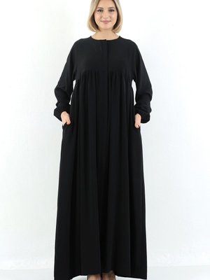 Siyah Boydan Fermuarlı Büzgülü Robalı Ferace