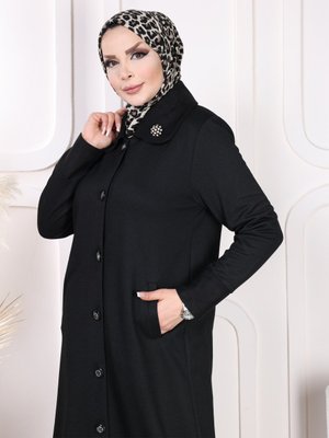 Siyah Anne Süvet Geniş Yaka Kışlık Ferace Manto Kaliteli Kumaştan