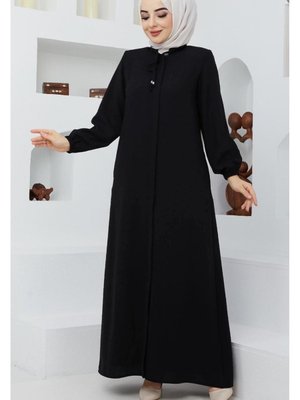 Giyim Krep Kumaş Ferace Yaka Bağcıklı Siyah