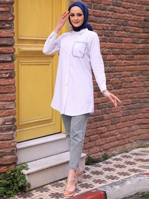 Beyaz Garni Cep Detaylı Poplin Tunik Beyaz Garni Cep Detaylı Poplin Tunik