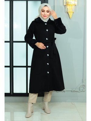 Siyah Kürk Detaylı Kaşe Kaban