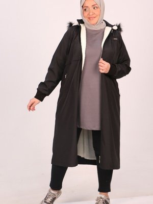 Siyah Büyük Beden İçi Kürklü Bondit Kap