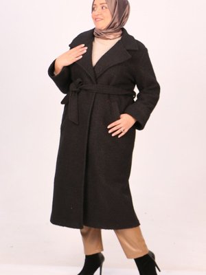 Siyah Büyük Beden Manşetli Kıvırcık Kuzu Kaban