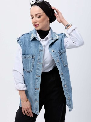 Mavı Düğmeli Cepli Kot Yelek