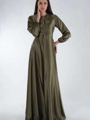 Haki Kruvaze Detaylı Saten Abiye Elbise Haki Kruvaze Detaylı Saten Abiye Elbise