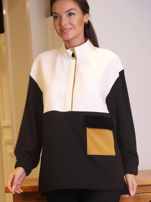 Ekru Siyah Hakim Yaka Fermuarlı Bluz