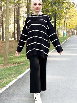 Çizgili Triko Takım Siyah