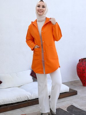 Selen Çift Cep Kapüşonlu Kapitone Kap Turuncu