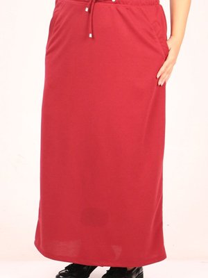 Bordo Büyük Beden İki İplik Cep Detaylı Uzun Etek