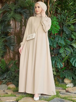 Bej Düz Renk Cepli Elbise