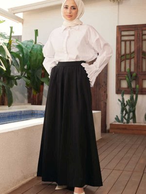 Parça Boya Pileli Pantolon Etek Siyah