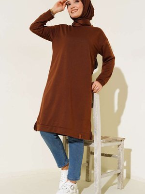 Yanları Yırtmaçlı Basic Uzun Tunik Kahverengi