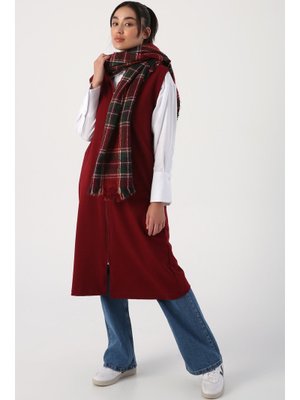 Bordo Omuz Şeritli Fermuarlı Yelek