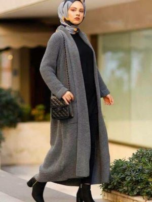 Kışlık Salaş Cepli Gri Uzun Hırka