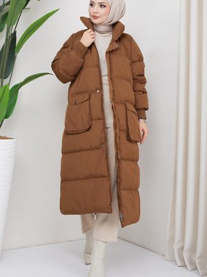 Gizli Kapüşonlu Körüklü Cep Oversize Mont Taba