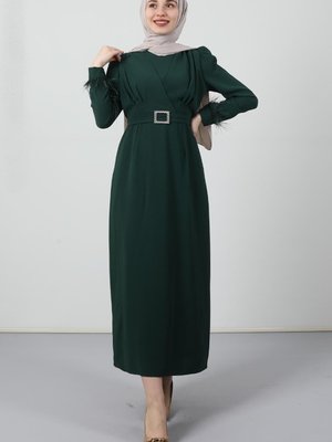Tüy Detay Elbise Zümrüt