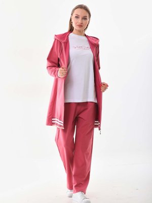 Şeritli Pudra Renk Üçlü Spor Takım Kombin