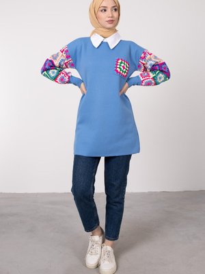 Kolları Etnik Desenli Triko Tunik Mavi Kolları Etnik Desenli Triko Tunik Mavi