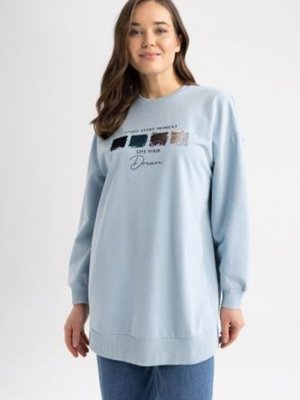Relax Fit Bisiklet Yaka Baskılı Sweatshirt Tunik