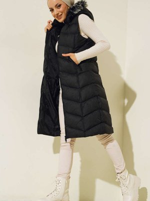 Cebi Fermuarlı Şişme Yelek Siyah Şal Hediyeli