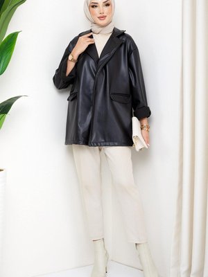 Oversize Deri Ceket Siyah Oversize Deri Ceket Siyah
