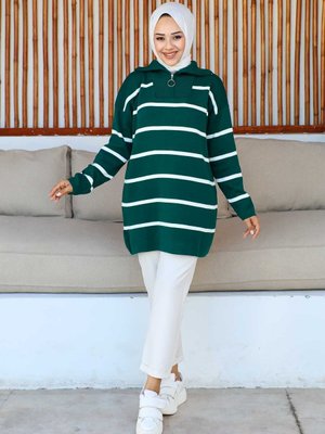 Zümrüt Yeşili Yaka Fermuarlı Çizgili Tunik