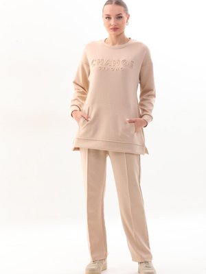 Bej Renk Bisiklet Yaka Sweat Bol Paça Pantolon Spor Takım