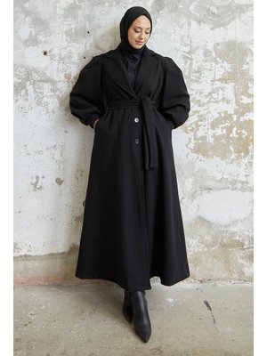 Siyah Diana Balon Kol Kuşaklı Kaşe Kaban