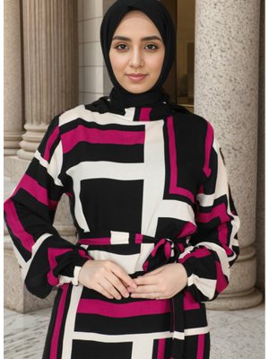 Desenli Kuşaklı Elbise Mor