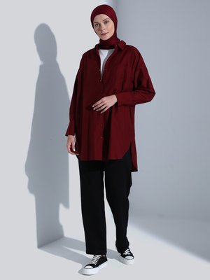 Bordo Cep Detaylı Arkası Uzun Poplin Tunik Bordo Cep Detaylı Arkası Uzun Poplin Tunik