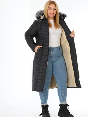 Siyah Içi Kürklü Uzun Kapitone Kapüşonlu Büyük Beden Mont