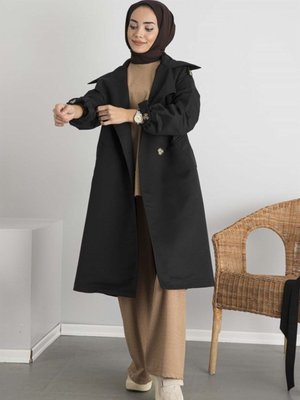 Kol Kemerli Trençkot Siyah