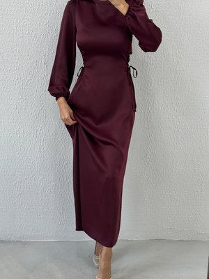 Ince Bel Tasarımı Belden Bağlama Mürdüm Abiye Elbise Ince Bel Tasarımı Belden Bağlama Mürdüm Abiye Elbise