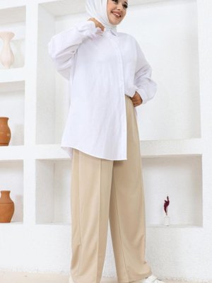 Belli Lastikli Rahat Kesim Salaş Pantolon Bej