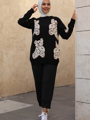 Çise Ayıcık Desenli Triko Tunik Siyah