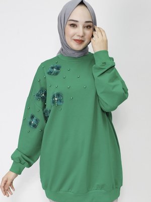 İp Kumaş Tüy Ve İnci Detaylı Oversize Sweatshirt