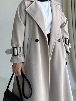 Kuşak Detaylı Kolları Kemer Tokalı Oversize Kalıp Cm Kaşe Kumaş Taş Rengi Kaban