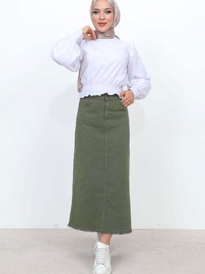 Yanları Çakımlı Kot Etek Haki