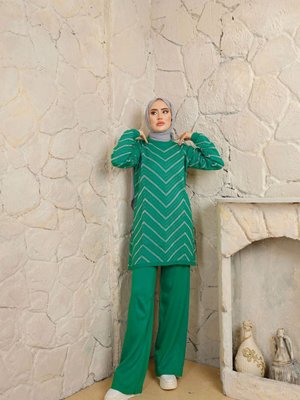Kadın Yeşil Zikzak Desenli Pantolonlu Takım 3118