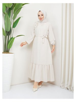 Krep Kumaş Omuz Fırfırlı Elbise Ekru