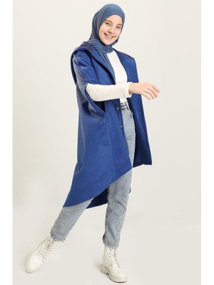 Kapüşonlu Kaşe Panço Saks