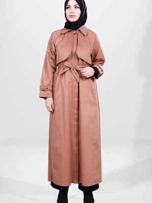 Düğmeli Tam Boy Taba Trençkot