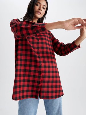 Regular Fit Gömlek Yaka Kareli Flanel Uzun Kollu Tunik
