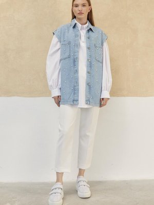 İnci Taşlı Denim Yelek E