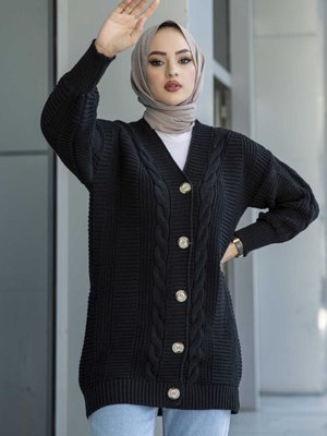 Triko Düğmeli Saç Örğülü Hırka Siyah