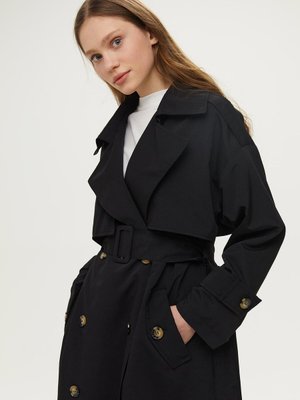 Düğmeli Kruvaze Trençkot Siyah Düğmeli Kruvaze Trençkot Siyah