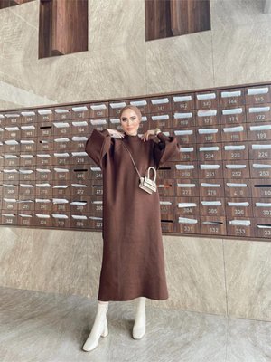 Balon Kol Elbise Kahve Balon Kol Elbise Kahve