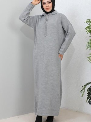 Kapüşonlu Triko Elbise Gri