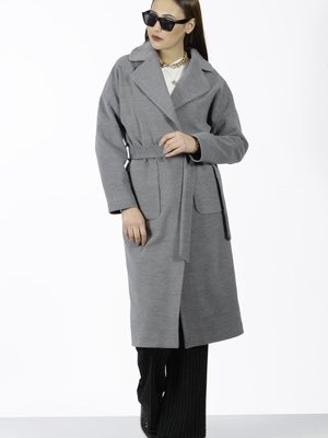 Gri Düşük Kollu Beli Bağlamalı Ara Boy Kaban