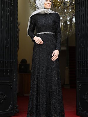 Siyah Tül Desenli Kemer Detaylı Şık Hayal Abiye Elbise